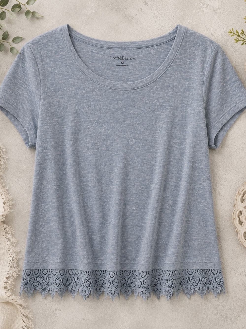 Croft & Barrow Blue Linen Blend Lace Hem Top Medium Boho Cottagecore